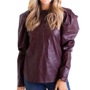 Karlie Sz L Pleather Vegan Leather Puff Sleeve Top Burgundy Long Sleeve